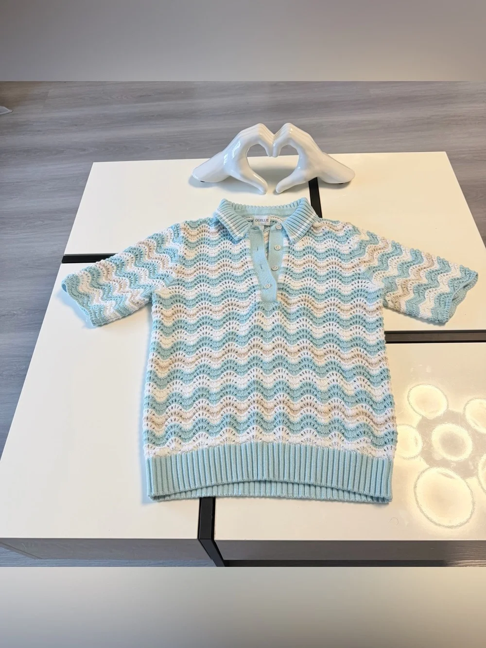 GG Blue Knit Polo Shirt  Pastel Blue Chevron Wave Crochet Short Sleeve Cotton 🩵